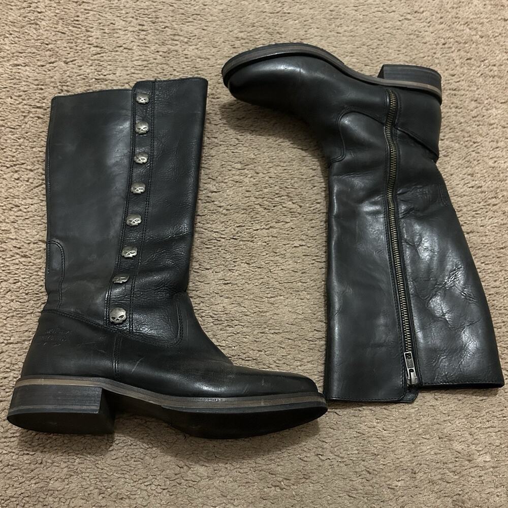 Harley Davidson Capstain Tall Leather Boots Women’s 7 Skull Buttons Black